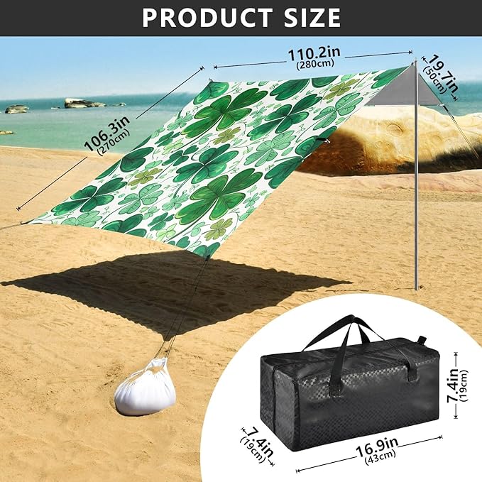 St Patrick's Clover Pattern Beach Tent Sun Shelter Set UPF50+ UV Protection 10.5 x 9.19 FT Camping Shade Canopy with Sandbags Sand Anchors Carrying Bag and Others