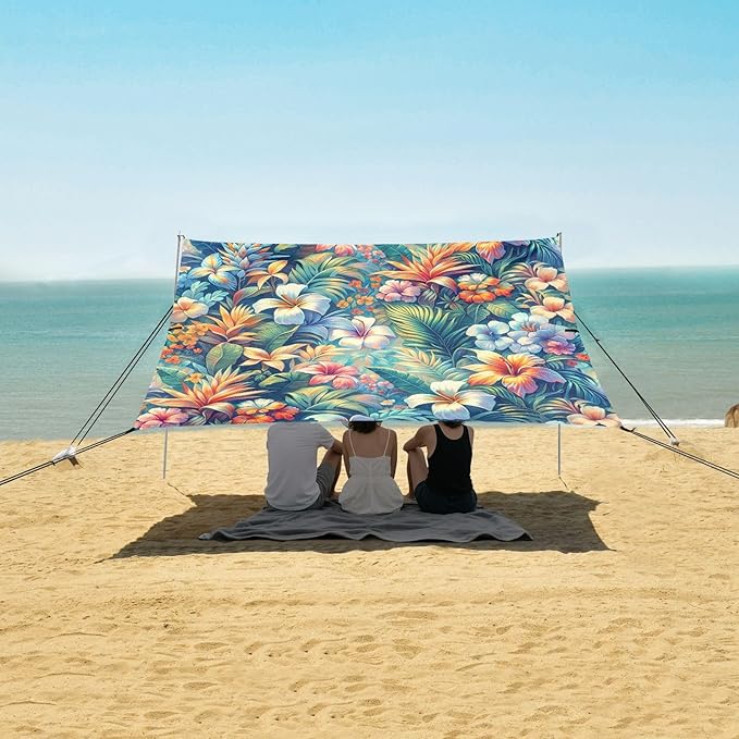 Spring Artistic Flowers Beach Tent Sun Shelter Set UPF50+ UV Protection 10.5 x 9.19 FT Camping Shade Canopy with Sandbags Sand Anchors Carrying Bag and Others