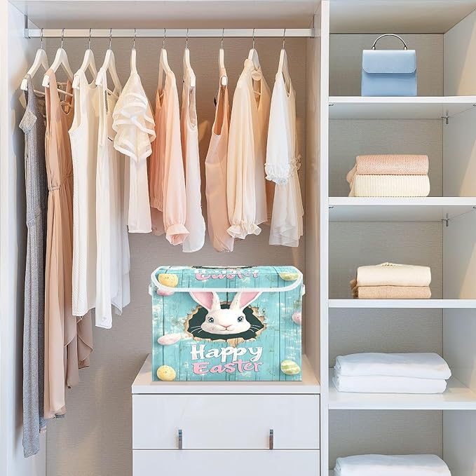 Happy Easter Pattern Foldable Storage Baskets Fabric Boxes with Handle Organizers with Flip-Top Lids Storage Bins for Home Bedroom Office
