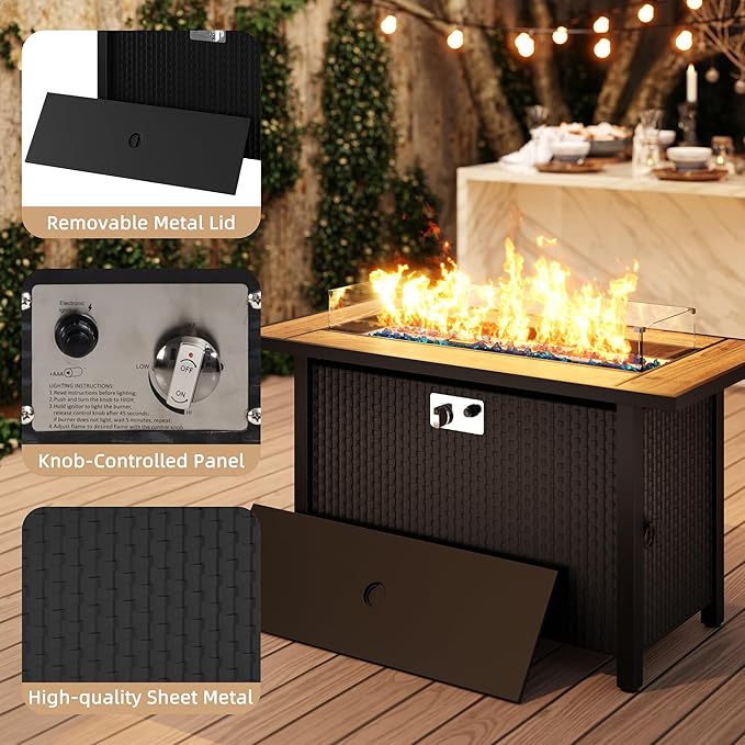 45 Inch Propane Fire Pit Table 50000 BTU Outdoor Gas Fire Pit for Patio &amp Backyard 2-in-1 Firepit Dining Table with Glass Wind Guard Blue Glass Rocks &amp Waterproof Cover Walnut
