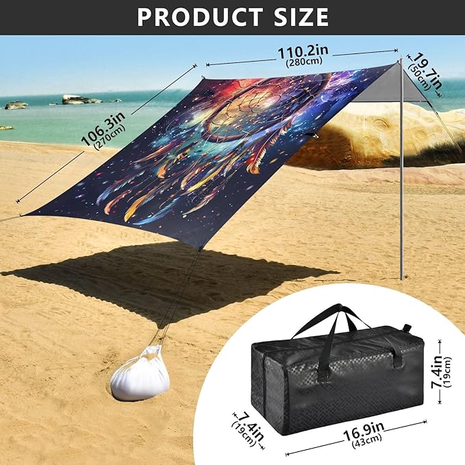 ALAZA Colorful Dreamcatcher with Feathers Beach Tent Sun Shelter Portable Canopy Sunshade for Outdoor Camping Picnics Backyard Fun 10x9 ft