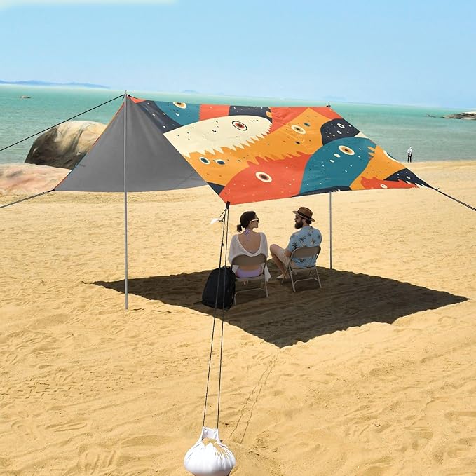 Dino Pattern Foldable Beach Canopy UPF50+ Waterproof Large Portable Sun Shelter with Sandbags and Shovel for Camping Picnics Backyard &amp Fishing