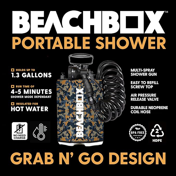 BeachBox Portable Shower Tank – Insulated Hot &amp Cold Water Tank for Camping Beach &amp Outdoor Adventures – 1.3 Gal Capacity – Multi-Spray Shower Gun – Easy Fill &amp Carry
