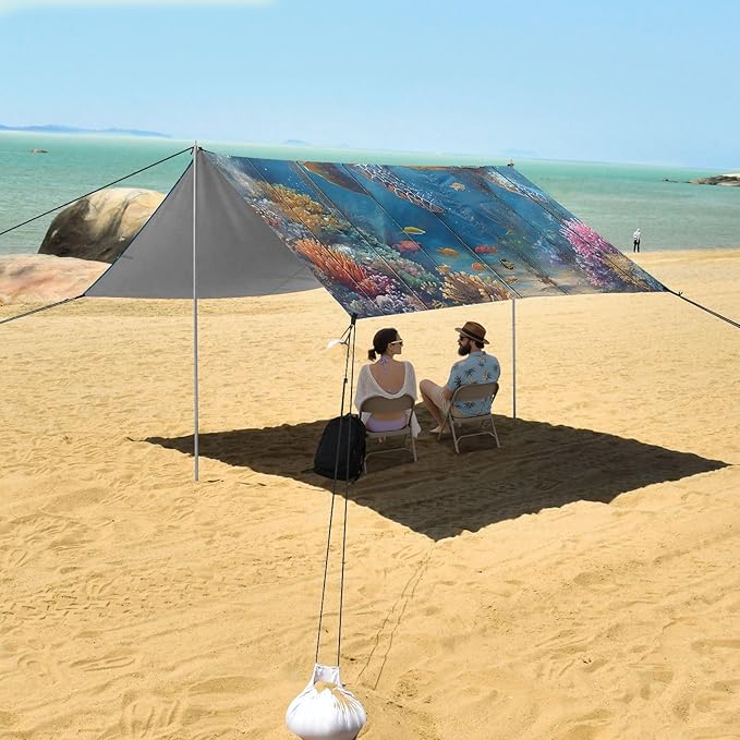ALAZA Sea Turtle Ocean Coral Beach Tent Sun Shelter UPF50+ Protection Beach Shade Canopy w/ 4 Sandbags for Outdoor Camping Fishing Backyard Fun Picnic 10x9 ft