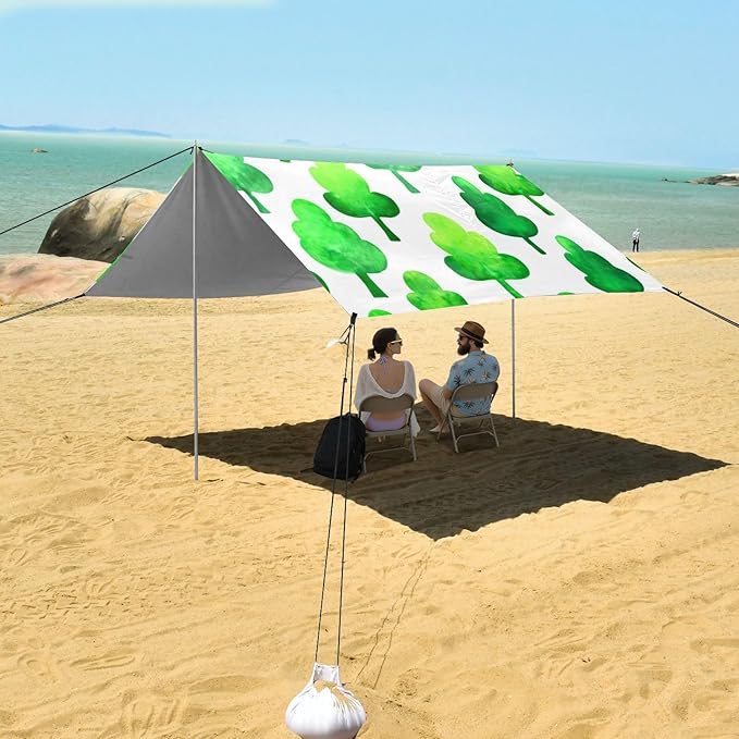 Beach Canopy with Windproof Ropes &amp Sandbags Beach Tent Sun Shade Sun Shelter for Camping Trips Fishing Backyard Fun or Picnics Green Trees