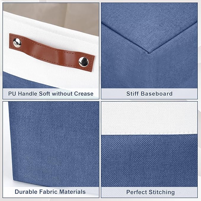 13x13 Cube Storage Bins Collapsible Fabric Storage Box 4 Pack Closet Baskets with Handles for Organizing Shelf Toys Clothes Home Office Nursery (NavyBlue&ampWhite)