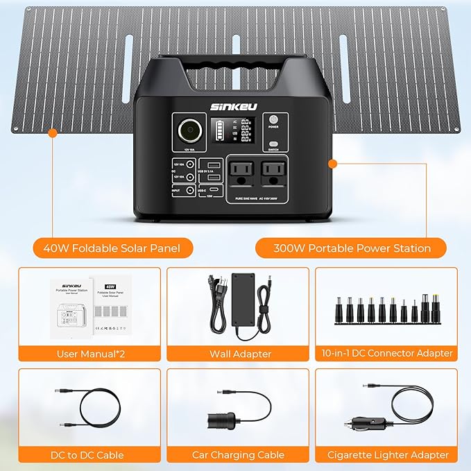 SinKeu Solar Generator with Panels Included - 300W Portable Power Station with 40W Solar Panel256Wh (80000mAh) LiFePO4 Battery with USB DC AC Outlets for Home Laptop RV Hurricane Camping