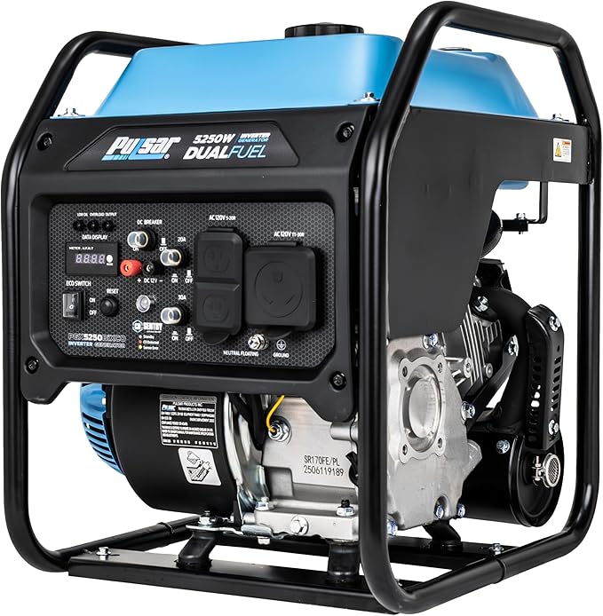 Pulsar PGX5250BiXCO 5250W Dual Fuel Inverter Generator – Gas &amp Propane CO Sentry RV Ready 30A Outlet Digital Display Portable Quiet Power for Home Backup Camping &amp Jobsite