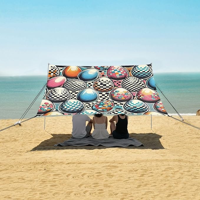 Easter Eggs Buffalo Print Beach Tent Sun Shelter Set UPF50+ UV Protection 10.5 x 9.19 FT Camping Shade Canopy with Sandbags Sand Anchors Carrying Bag and Others