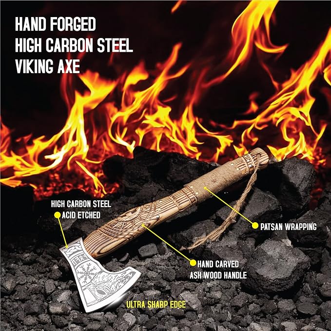 20 Handmade Carbon Steel Viking Axe with Hand Craved Ash Wood Shaft Viking Camping Axe &amp Hatchet. Beautiful Gift for Father Brother and for Him or Her (Medieval Axe)
