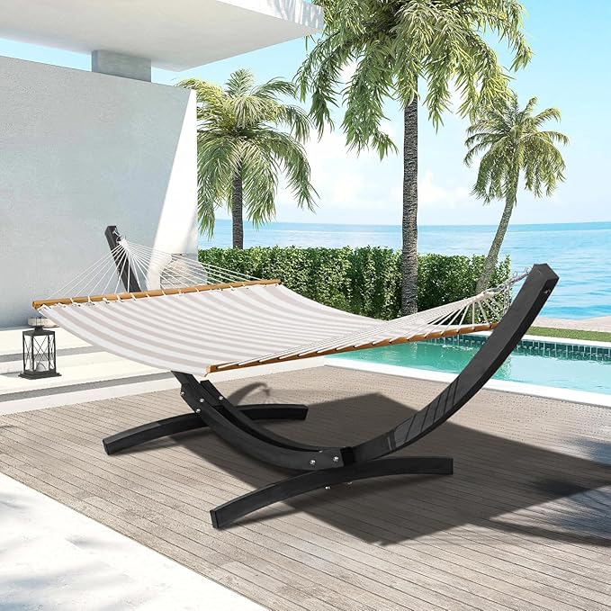 Lazy Daze Hammocks 12 FT 2 Person Double Quick Dry Textilene Hammock with Curved Steel Heavy Duty Stand for Outside Backyard Patio 450 Lbs Capacity Beige White Stripes