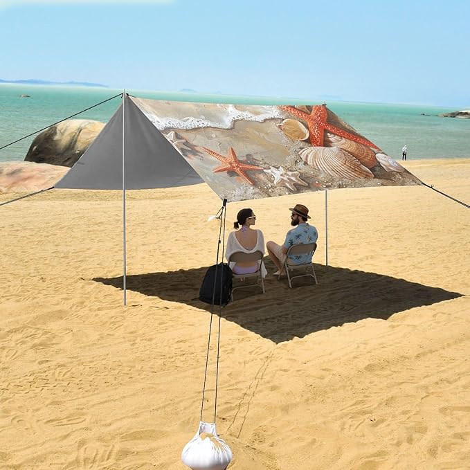 ALAZA Summer Sandy Beach Shells and Starfish Beach Tent Sun Shelter Portable Canopy Sunshade for Outdoor Camping Picnics Backyard Fun 10x9 ft