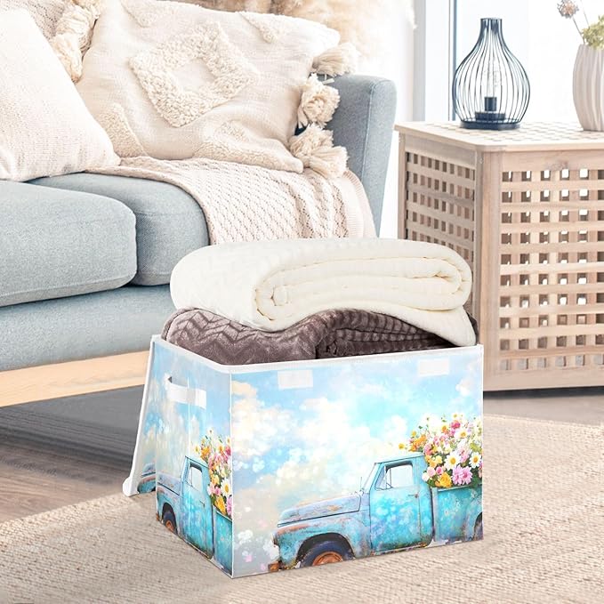 AIXIWAWA Lidded Storage Cube (Flower Truck) Fabric Foldable Closet Bins with Flip Lid and Handles Organizer Basket Container 16.5 x 12.6 x 11.8 IN