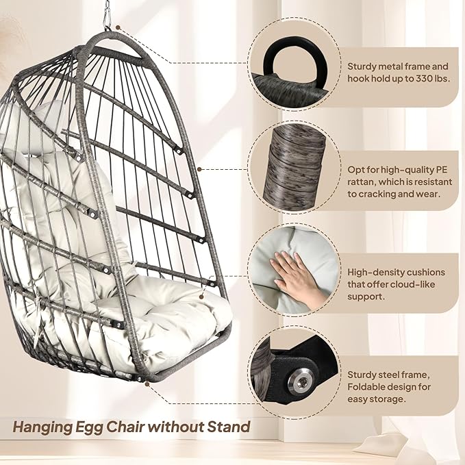 Chihee Egg Chair Foldable Wicker Rattan Hanging Swing Chair Indoor Outdoor Patio Wicker Chair Hammock Chairs with Stainless Steel Hanging Kit Chain Link UV Resistant Cushion Bedroom Balcony