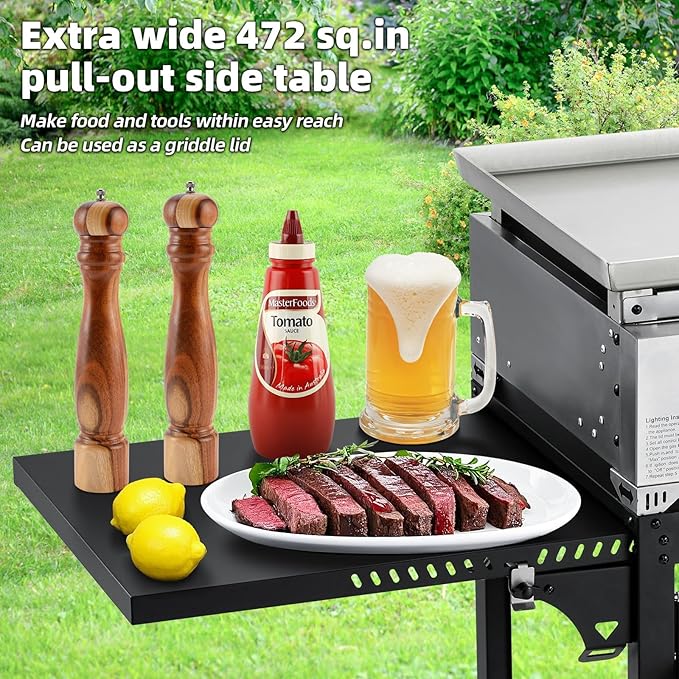 MELLCOM 3 Burner 30000 BTU Outdoor Gas Griddle with Lid (Side Shelf) Portable Flat Top Griddle 28 Inch Heavy- Duty Cast lron Grill Bottle Rack &amp Grease Pan for Camping Picnic Patio