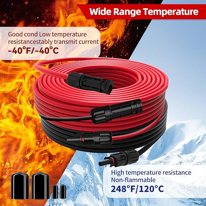 Solar Extension Cable 10 Gauge Solar Panels Wire 20Ft 10AWG (6mm²) PV Wire SJZSUNRUN Tinned Copper Wire with 2 Pairs Solar Connectors for Outdoor Automotive Marine (20Ft Black&amp 20Ft Red)