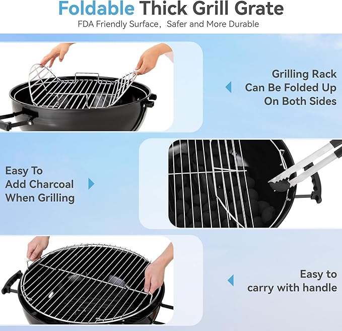 GREEN PARTY 22 inch Kettle Charcoal BBQ Grill with Wheels Portable Charcoal Grill with Porcelain-Enameled Lid &amp Ash Catcher for Outdoor Cooking Barbecue Camping Picnics Tailgating Black