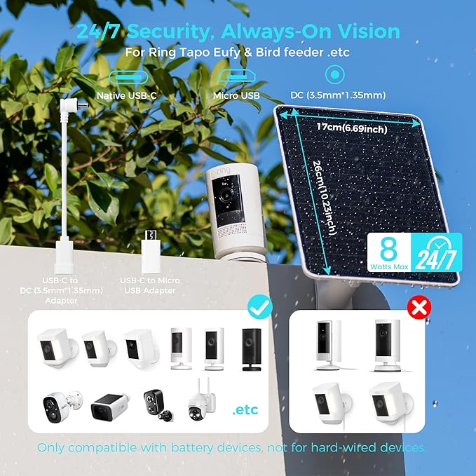 5V 8W Solar Panel for Security Camera For Bird Feeder 4G AOV Trail Cam Ring Tapo Eufy Vicohome Eseecloud Native USB-C Micro-USB &amp DC 3.5mm*1.35mm 23% Conversion 9.8 Ft 180 Days Exchange Po