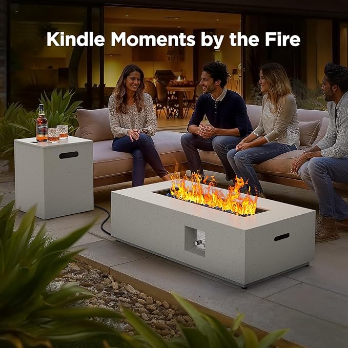 Silonn 43Inch Propane Fire Pit 50000 BTU Outdoor Gas Fire Pit Table with CSA Certification Glass Rocks Rectangular Heater for Patio Backyard Deck Balcony with Waterproof Cover &amp Adjustable