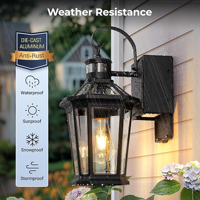 Gleamz Porch Lights Outdoor with GFCI Outlet Black Motion Sensor Light Wall Mount 100% Aluminum Anti-Rust Waterproof Outside Light Fixture for House Patio Garage Adjustable Distance Time 5 Modes