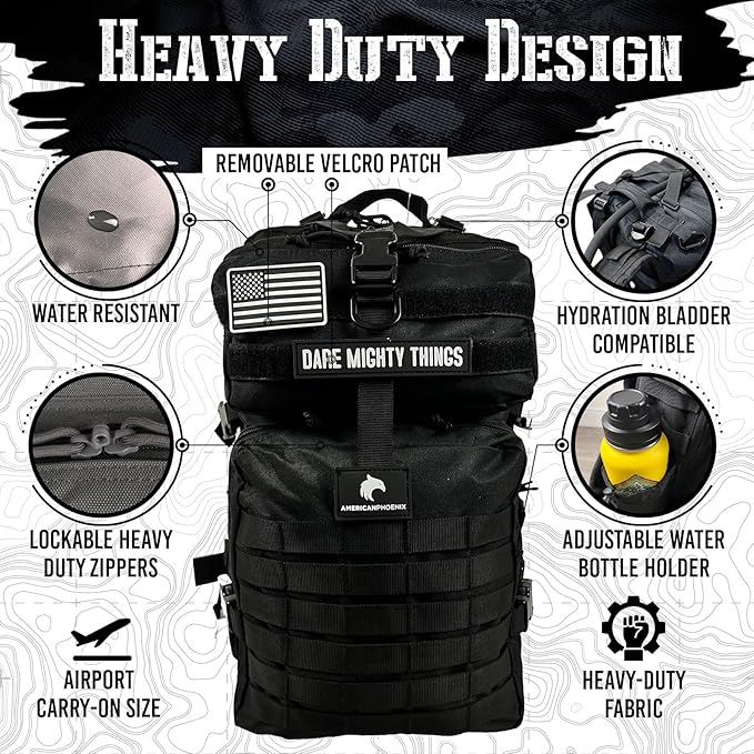 AMERICANPHOENIX 45L Elite Tactical Backpack | 3X Stronger Work &amp Military Backpack | Water Resistant and Heavy Duty | 3 Day MOLLE Bug Out Bag (Carbon Black)