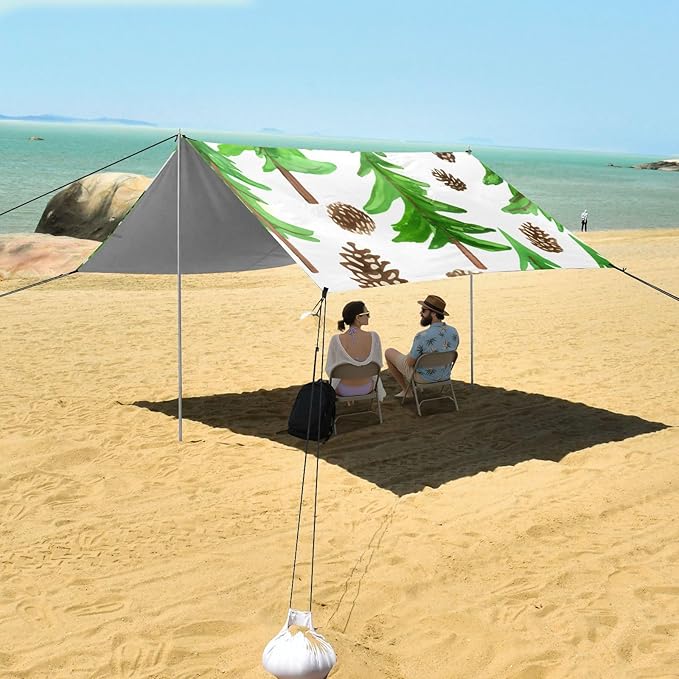 xigua Pine Tree Beach Tent Sun Shelter with Carrying Bag - Silver Coated Oxford Fabric Beach Canopy for Beach Camping Fishing - Includes Windproof Ropes Sandbags &amp Stakes