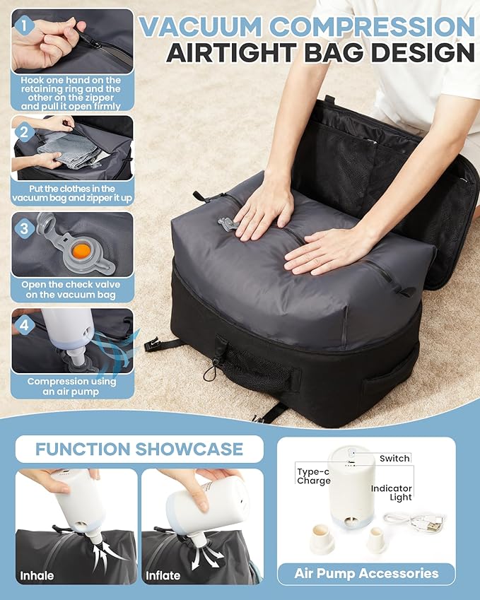 Vacuum Travel Tactical Backpack with Air Pump Carry on Flight Approved Personal item Large Tool Hiking Compression Gym Backpack Vacuum Seal Bags for Clothing Travel Women Men Mochila de Viaje Black