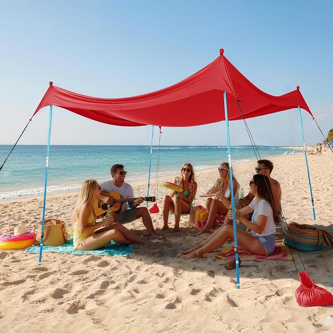 CROWN SHADES 10x10 Beach Tent Sun Shelter Easy Pop Up Beach Canopy Shade Portable Outdoor Carpas UPF50+ Includes 4 Poles Adjustable Aluminium Extra-Large Big Sand Shovel Red