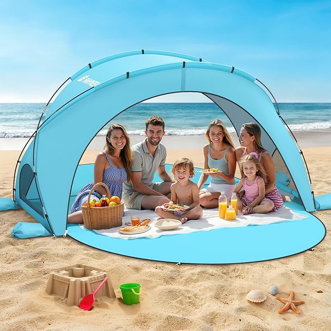 Raynesys Beach Tent Sun Shelter Beach Shade Tent with UPF50+ UV Protection Sun Shelter for 1-6 Person Beaches Shade with 2 Zippered Doors Portable Tents for Camping Fishing Light Blue