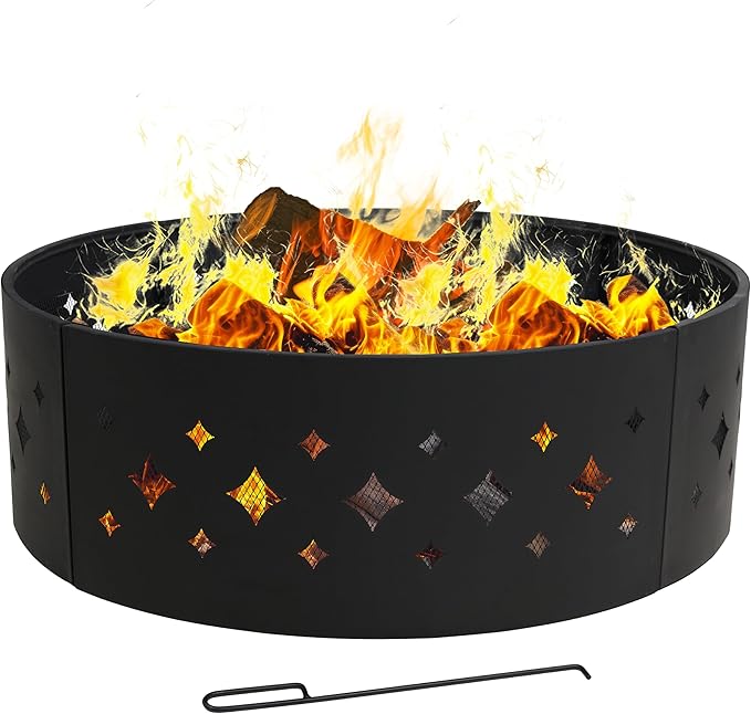 Sunnydaze 36-Inch Outdoor Fire Pit Ring with Poker - Round Heavy-Duty Steel Fire Ring for Camping or Backyard - Diamond - 10 H