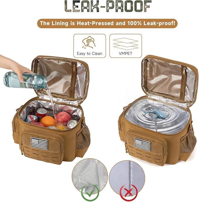 QT&ampQY Tactical Lunch Bag for mens Military heavy duty lunch box work Leakproof insulated Durable Thermal Cooler Bag for Adult Meal for Office Camping Picnic Pail MOLLE Webbing Khaki
