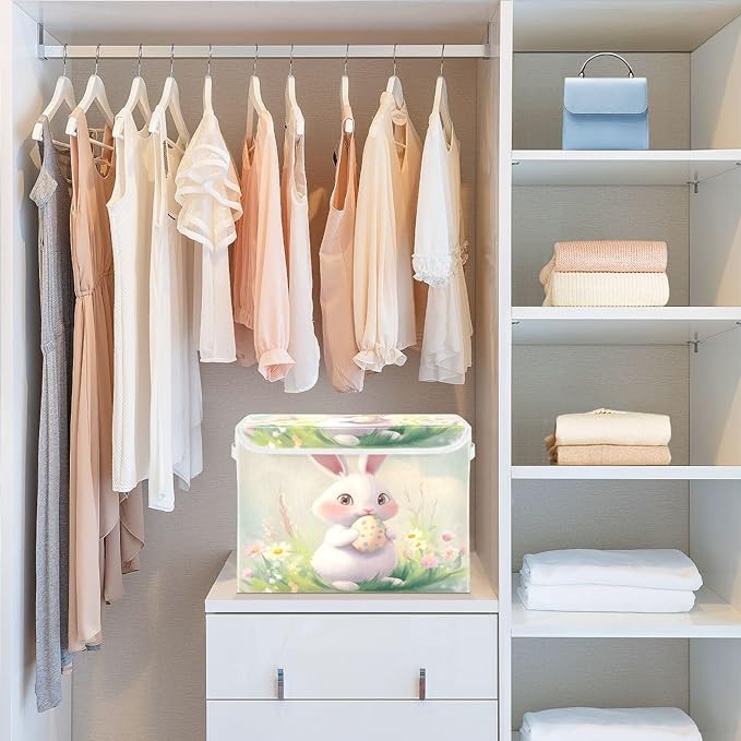 Christmas Storage Baskets with Lids Cute Rabbit Easter Collapsible Bins Stackable Fabric Linen Baskets Closet Organizer Container 16.5x12.6x11.8