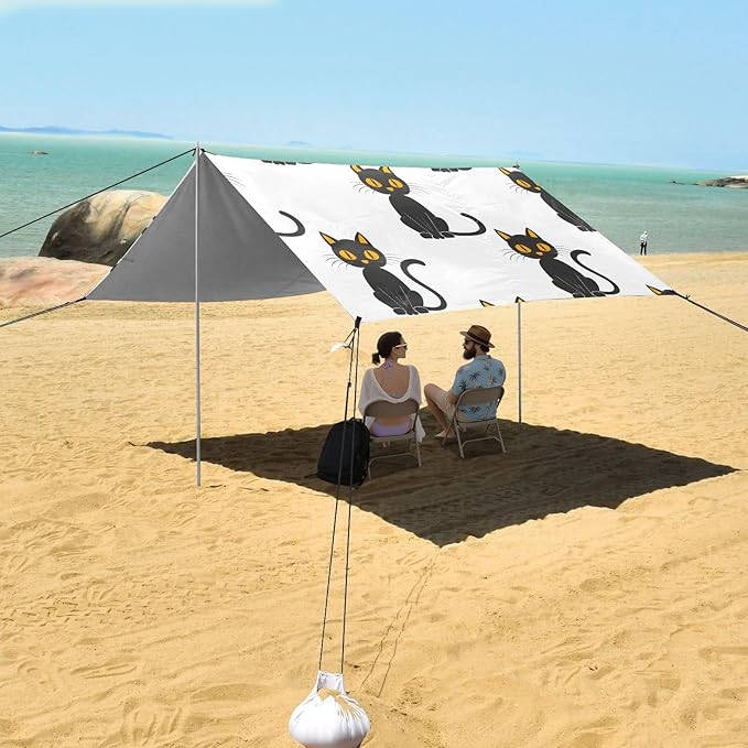 ALAZA Doodle Cat Kitten Beach Tent Sun Shelter UPF50+ Protection Beach Shade Canopy w/ 4 Sandbags for Outdoor Camping Fishing Backyard Fun Picnic 10x9 ft