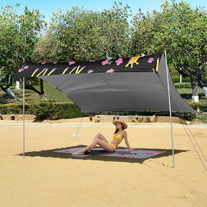 Beach Canopy with Windproof Ropes &amp Sandbags Beach Tent Sun Shade Sun Shelter for Camping Trips Fishing Backyard Fun or Picnics Giraffes