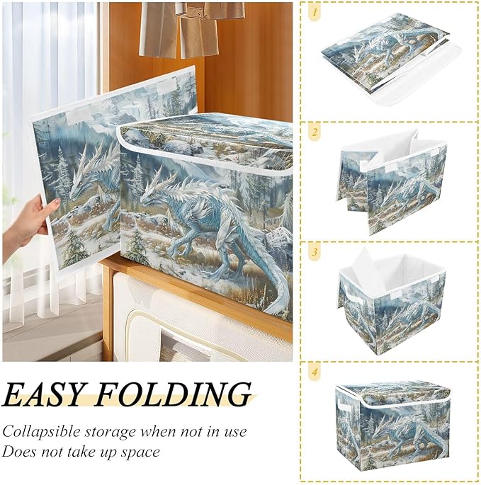 ALAZA Storage Bins Organizer Box Baskets Lidded Clothes for Shelves Closet Snowy Dragon Collapsible Stackable Storage Cubes Handles