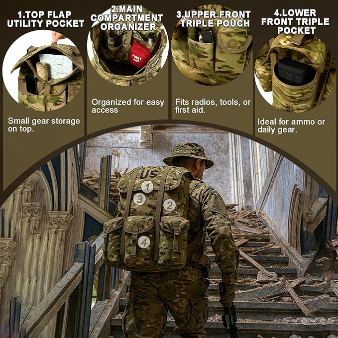MT Military ALICE Pack Large Size Tactical Rucksack with Aluminum Quick-Release Buckles and Enhanced Waist Support – US Logo