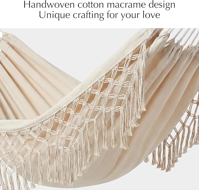 PNAEUT Handmade Tassel Hammocks Double Hammock with Stand for Outside Max 450 lbs Capacity Pillow &amp Storage Bag Included (Beige)