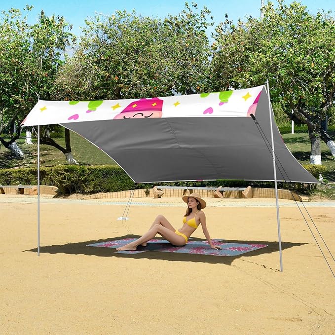 Beach Canopy with Windproof Ropes &amp Sandbags Beach Tent Sun Shade Sun Shelter for Camping Trips Fishing Backyard Fun or Picnics Cactus