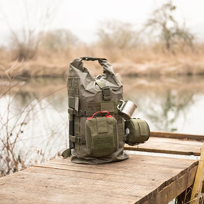 Mil-Tec Unisex 30L Tactical Seals Dry Bag - Secure Rugged Durable Waterproof Outdoor Kayaking Boating Camping Hiking MOLLE Backpack with Adjustable Wide Shoulder Straps &amp Padded Back Olive Drab