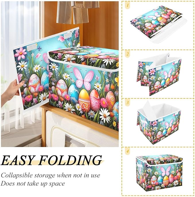 Christmas Storage Baskets with Lids Colorful Eggs and Butterfly Collapsible Bins Stackable Fabric Linen Baskets Closet Organizer Container 16.5x12.6x11.8