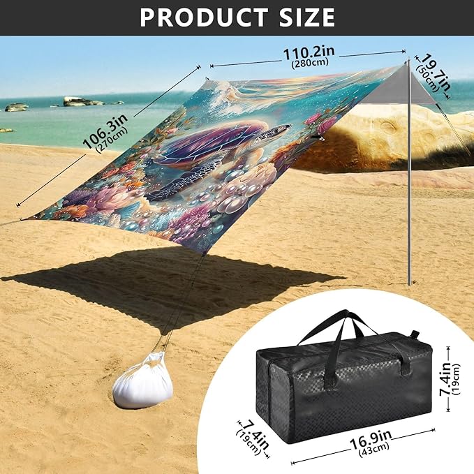 ALAZA Sea Turtle Pearls Coral Beach Tent Sun Shelter UPF50+ Protection Beach Shade Canopy w/ 4 Sandbags for Outdoor Camping Fishing Backyard Fun Picnic 10x9 ft