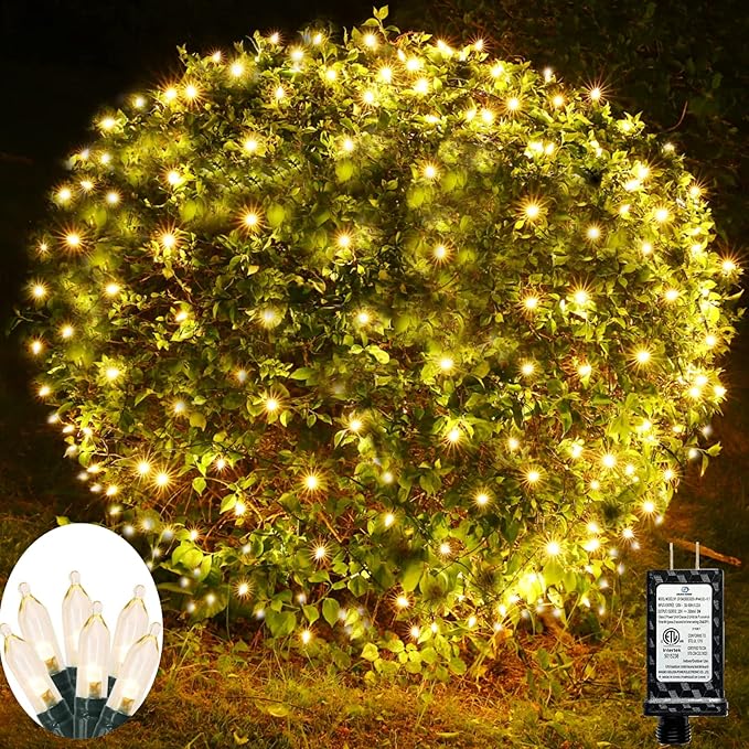 Meteds LED Christmas Net Lights Outdoor 100 LED 5ftx5ft Connectable 8 Modes Mesh 29V Plug-in Waterproof for Bushes Fence Tree Garden Xmas Decor (Orange)