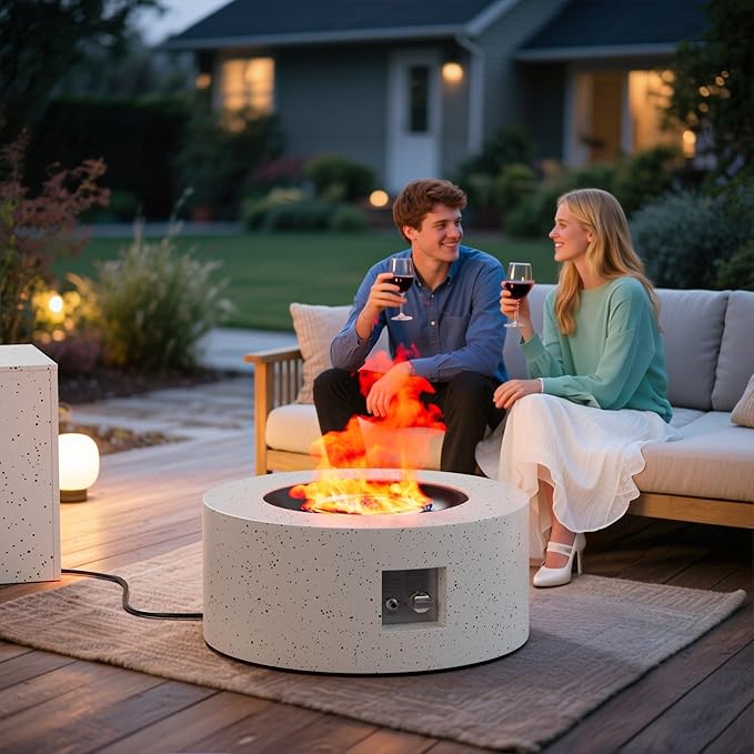 30' Outdoor Fire Pit Table with 50000 BTU Output Premium Gas Fire Pit Tables for Outside Patio Round Propane Fire Pit with Glass Stones Waterproof Cover (White 30 inch)