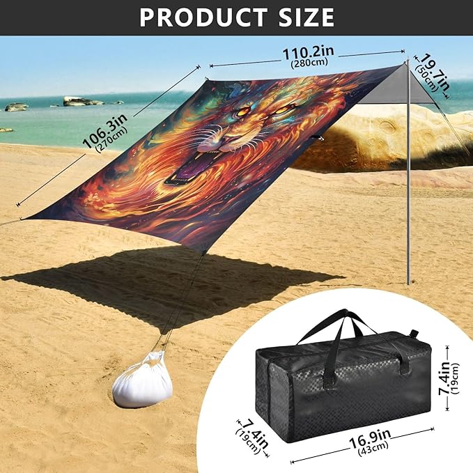 ALAZA Cheetah Leopard Art Beach Tent Sun Shelter UPF50+ Protection Beach Shade Canopy w/ 4 Sandbags for Outdoor Camping Fishing Backyard Fun Picnic 10x9 ft