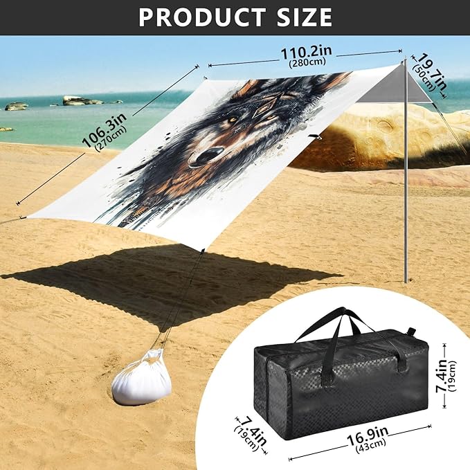 ALAZA Boho Wolf Ethnic Beach Tent Sun Shelter UPF50+ Protection Beach Shade Canopy w/ 4 Sandbags for Outdoor Camping Fishing Backyard Fun Picnic 10x9 ft