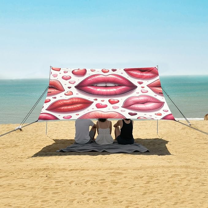 ALAZA Red Lips Heart Beach Tent Sun Shelter UPF50+ Protection Beach Shade Canopy w/ 4 Sandbags for Outdoor Camping Fishing Backyard Fun Picnic 10x9 ft