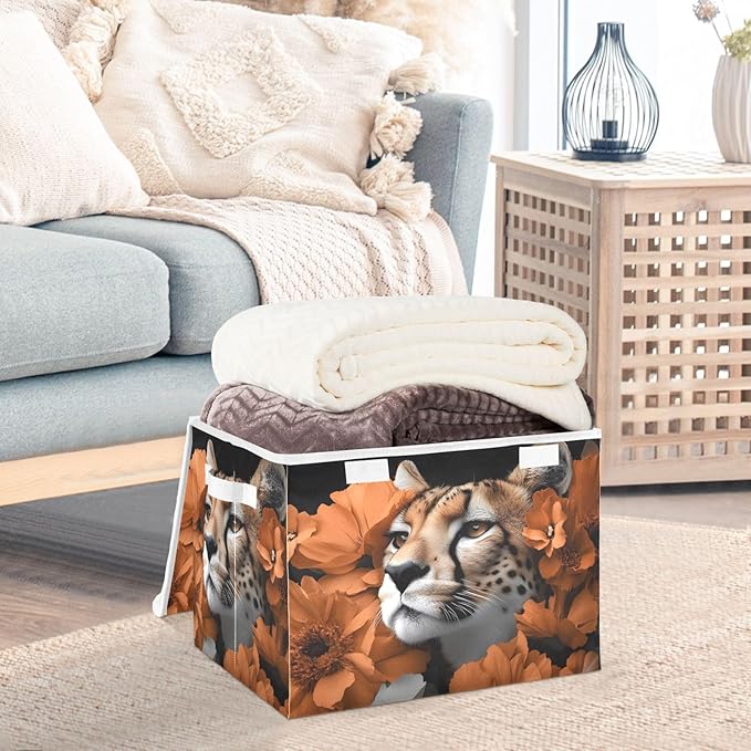 AIXIWAWA Lidded Storage Cube (Cheetah Flower) Fabric Foldable Closet Bins with Flip Lid and Handles Organizer Basket Container 16.5 x 12.6 x 11.8 IN