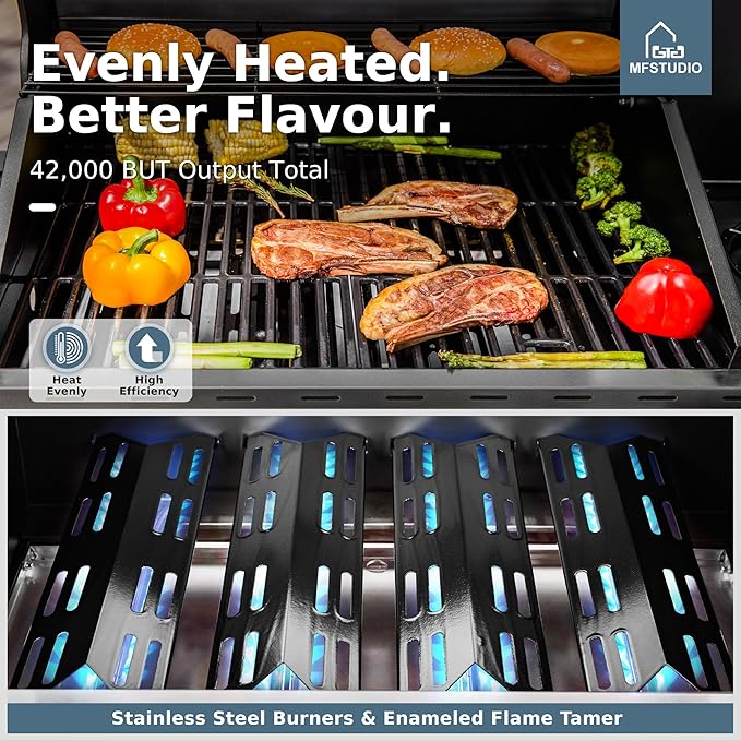MFSTUDIO 4-Burner BBQ Propane Grill with Searing Side Burner Porcelain-Enameled Cast Iron GratesThicker and taller lid Stainless Steel Gas Grills for Outdoor and Patio Barbecue Cooking