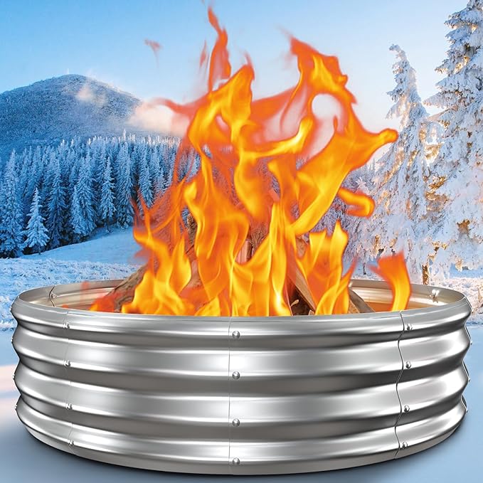 60 Inch Extra Large Fire Pit Ring for Outside Heavy Duty Wood Burning Firepits &amp Outdoor Fireplace12'' Tall High Heat Resistant Fire Bowl Galvanized Steel Portable for Backyard BonfirePatioCam