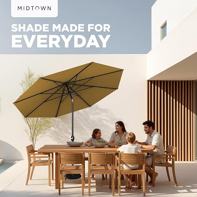 Midtown Umbrellas 10-Year-No-Fade - 8 Ft - UV Proof Sand (Tan) Polyester Fabric - Umbrella Outdoor Patio Auto-Tilt Aluminum Frame Patio Umbrella for Garden Pool &amp Deck - Black Pole